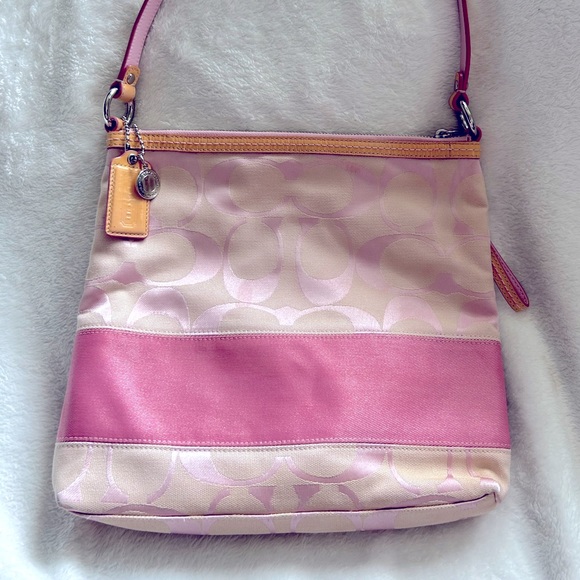 Coach F13674 signature monogram canvas shoulder crossbody bag, pink & tan 🩷🤎 - Picture 12 of 13